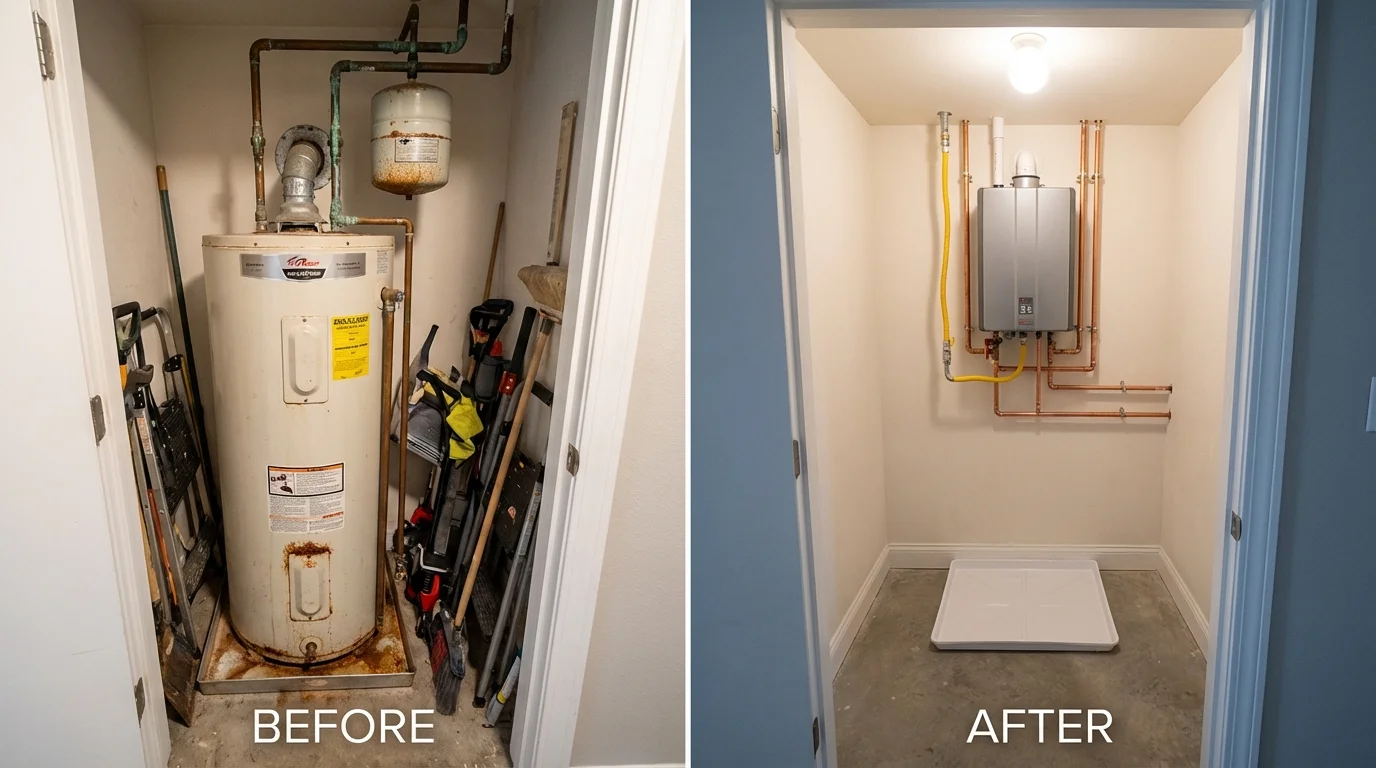 Tank water heater versus wall-mounted tankless unit comparison for Charlestown, MD homeowners