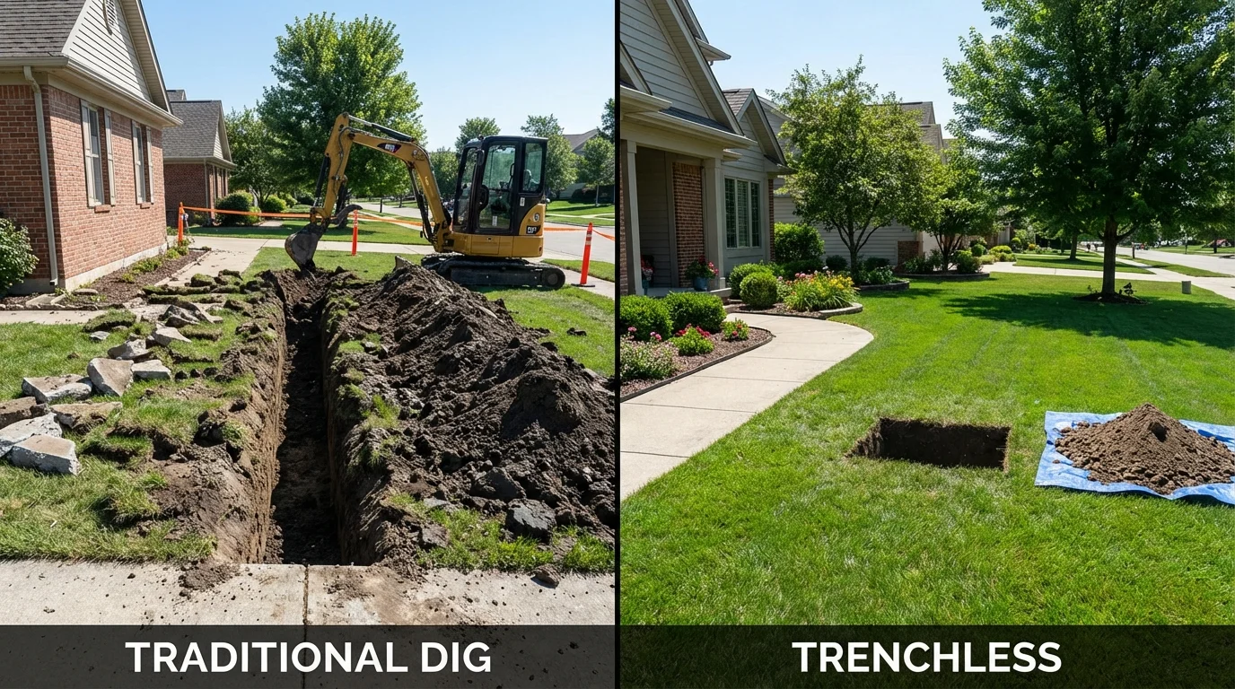 Trenchless sewer repair with minimal yard damage versus traditional excavation in Charlestown, MD