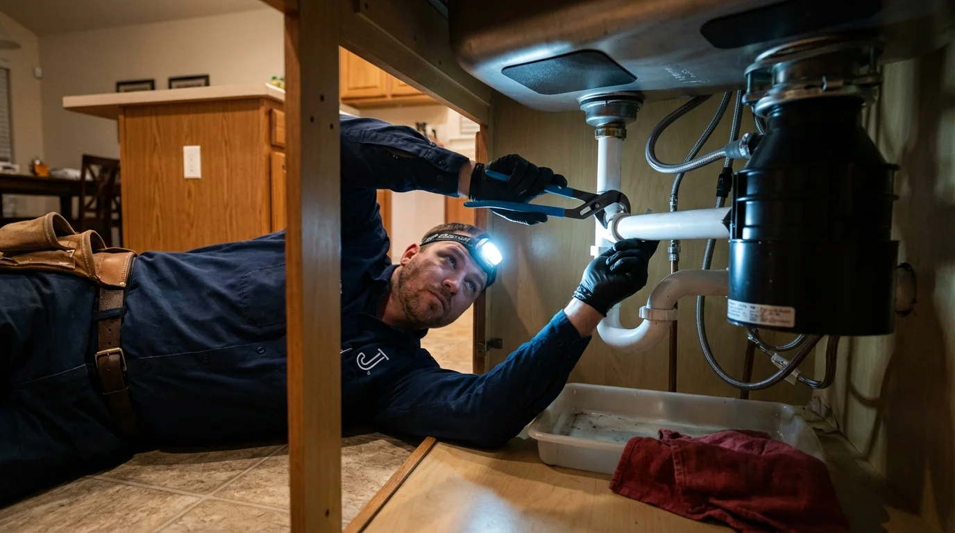 P-trap and supply line connections under a kitchen sink showing a common leak point in Charlestown, MD